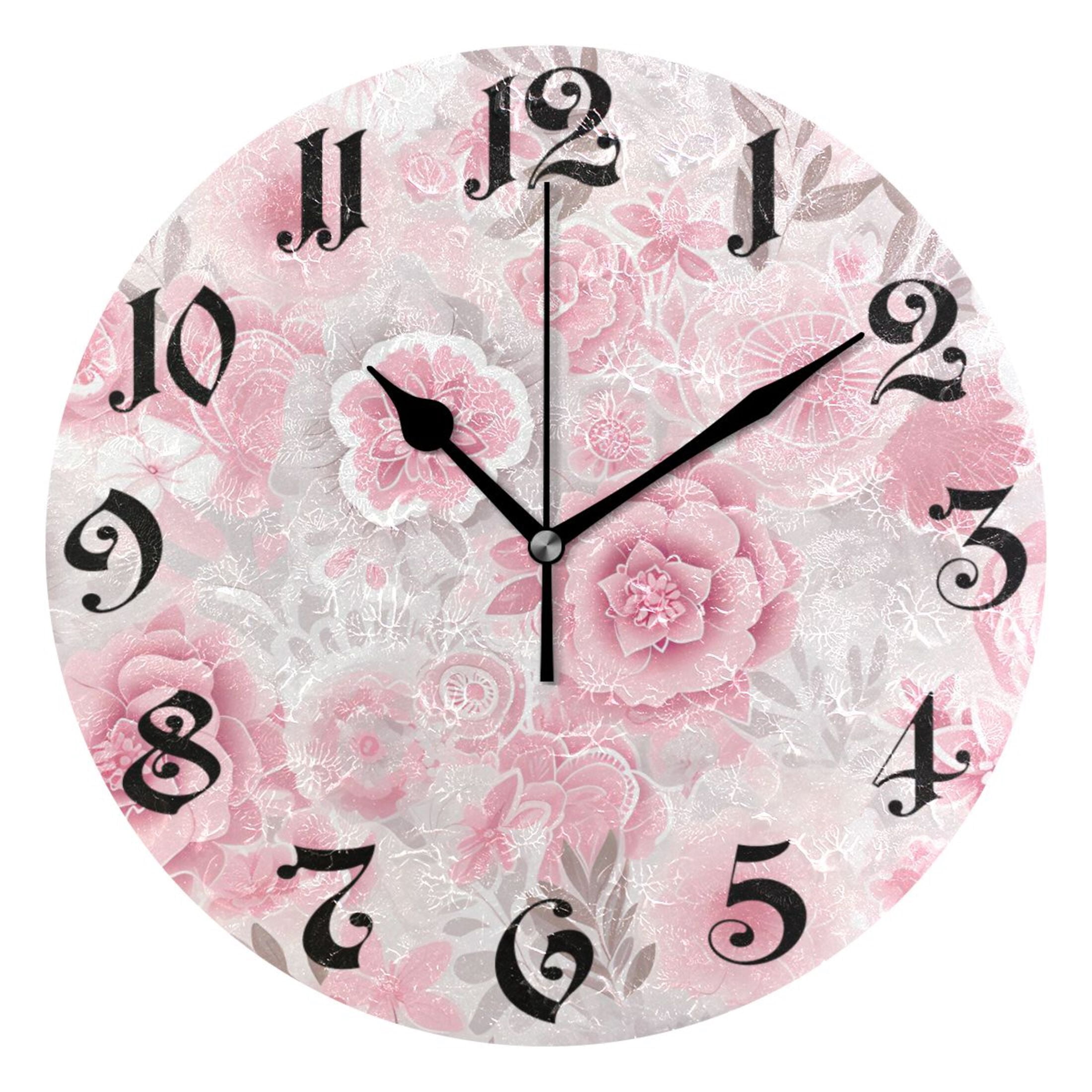 Wall Clock 10 Inch Silent Non-Ticking 8 Peony Flowers Pink Battery ...