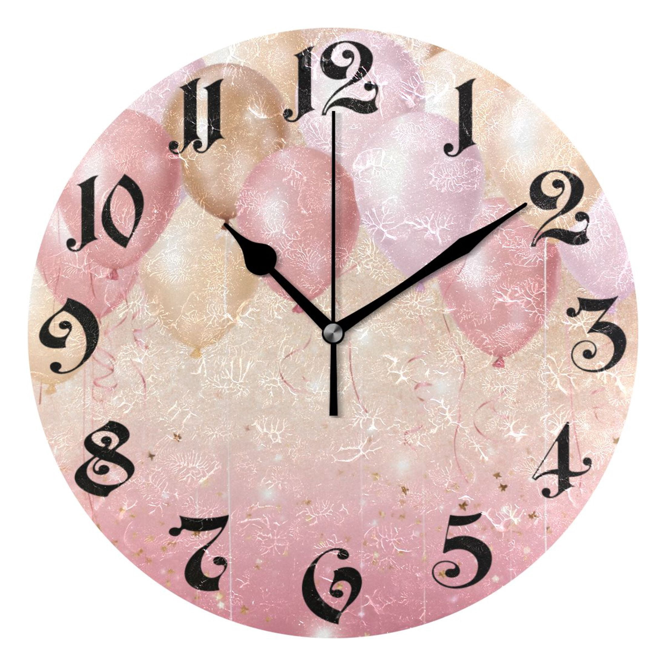 Wall Clock 10 Inch Silent Non-Ticking 8 Pink Balloons Battery Operated ...