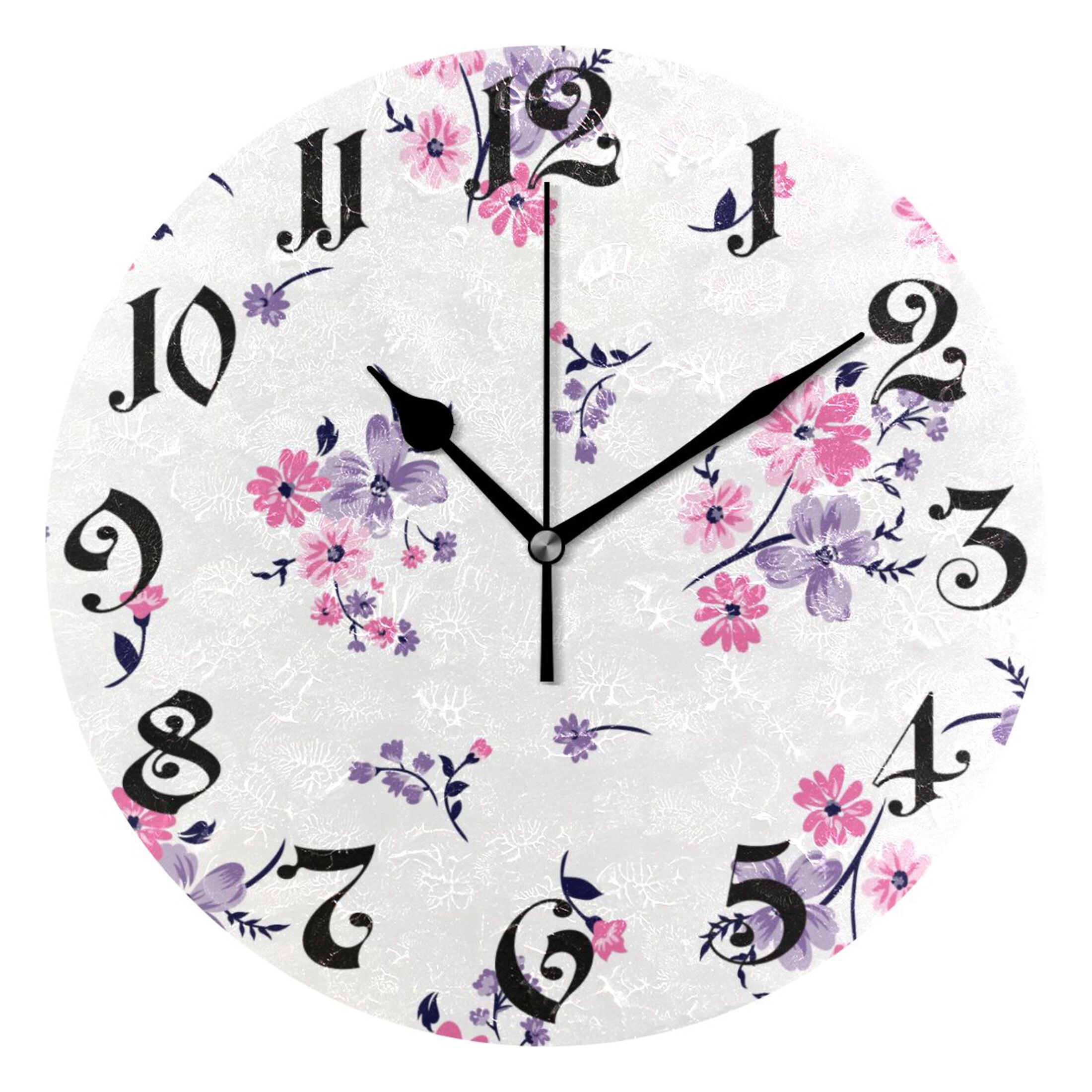 Wall Clock 10 Inch Silent Non-Ticking 8 Pink Flowers Floral Battery ...