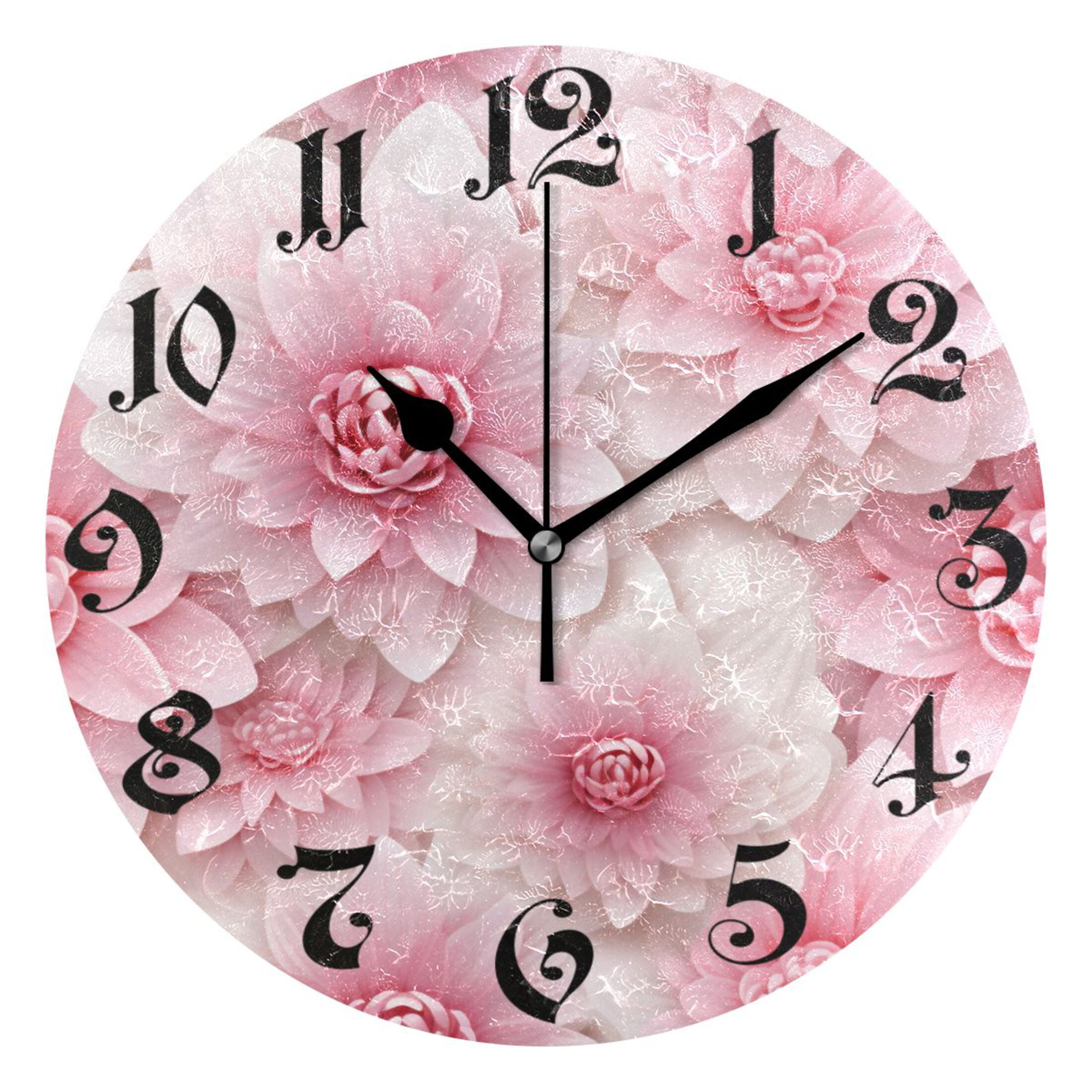 Wall Clock 10 Inch Silent NonTicking 8 Pink Flowers Floral Battery