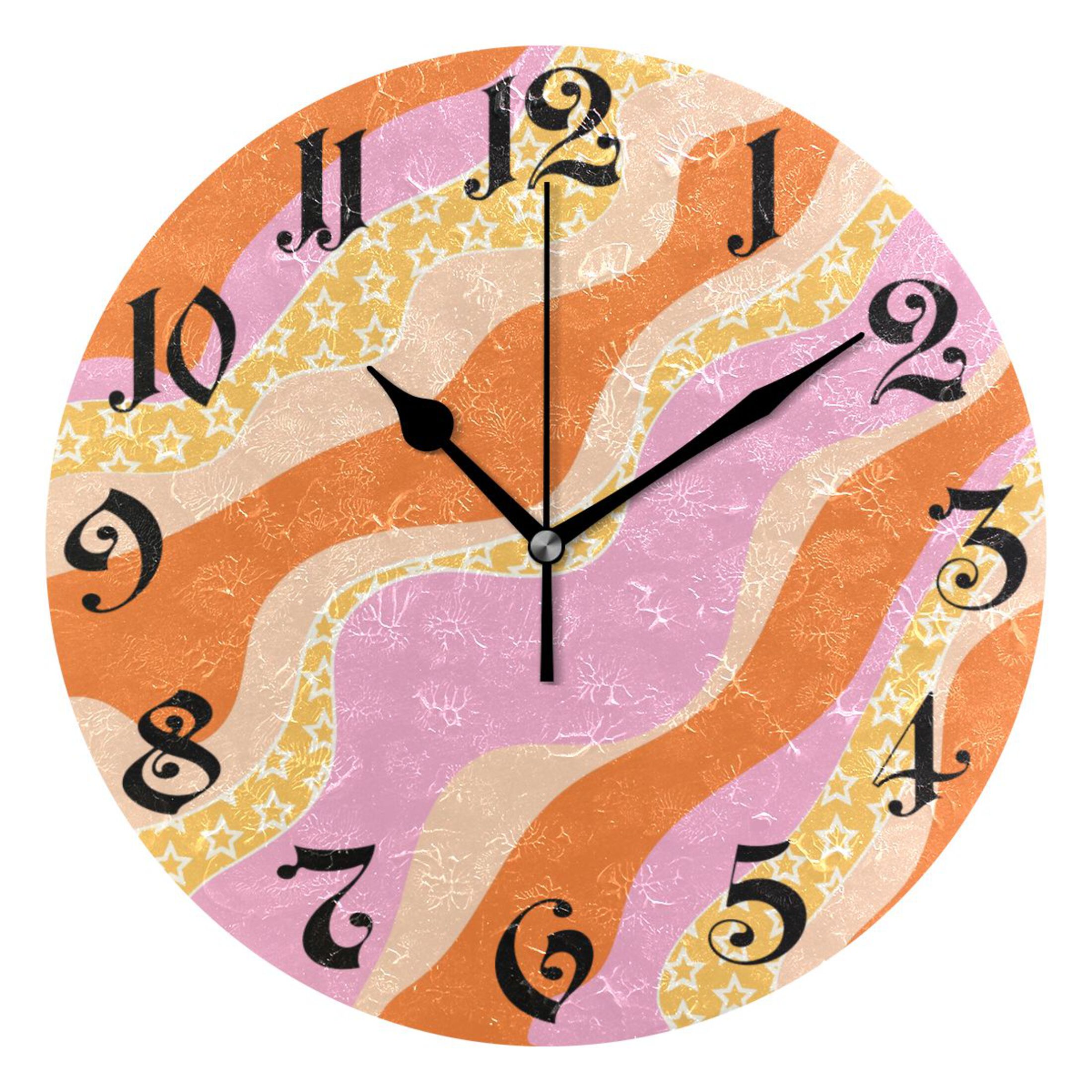 Wall Clock 10 Inch Silent Non-Ticking 8 Pink and Orange Print Battery ...