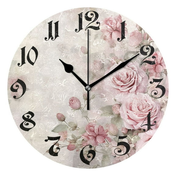 Wall Clock 10 Inch Silent Non-Ticking 8 Roses Flowers Battery Operated Rustic Retro for Living Room Home Kitchen Bathroom