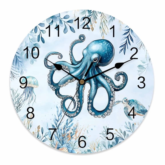 Wall Clock 10 Inch Summer Ocean Round Silent Decorative Wall Clocks Battery Operated for Living Room Bedroom Kitchen Classroom Decor, Coastal Octopus Coral Shell Teal Blue,Small