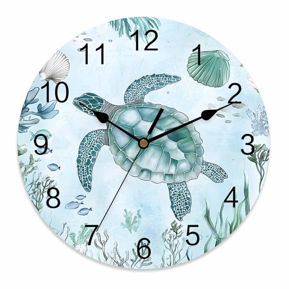 Wall Clock 10 Inch Summer Ocean Round Silent Decorative Wall Clocks Battery Operated for Living Room Bedroom Kitchen Classroom Decor, Coastal Sea Turtle Shell Coral Turquoise,Small