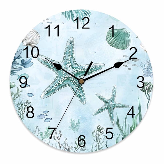 Wall Clock 10 Inch Summer Ocean Round Silent Decorative Wall Clocks Battery Operated for Living Room Bedroom Kitchen Classroom Decor, Coastal Starfish Shell Coral Turquoise,Small