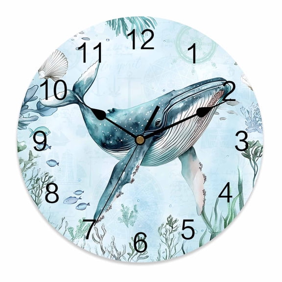 Wall Clock 10 Inch Summer Ocean Round Silent Decorative Wall Clocks Battery Operated for Living Room Bedroom Kitchen Classroom Decor, Coastal Whale Coral Shell Turquoise Green,Small