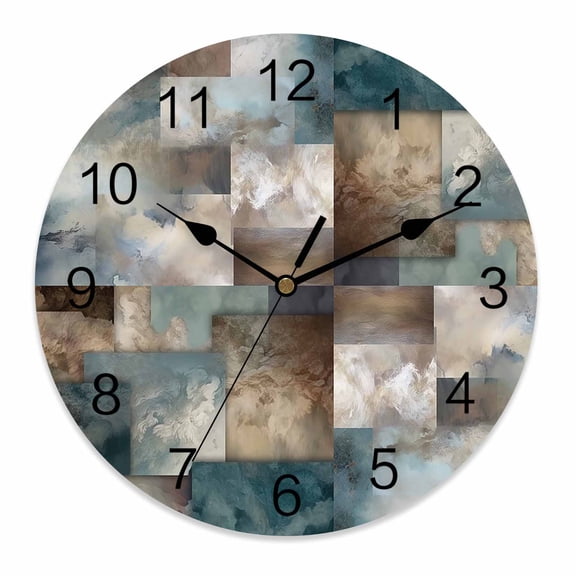 Wall Clock 10 Inch Teal Brown Abstract Blocks Round Silent Decorative Wall Clocks Battery Operated for Living Room Bedroom Kitchen Classroom Decor, Modern Geometric Squares,Small