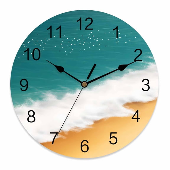 Wall Clock 10 Inch Teal Orange Beach Round Silent Decorative Wall Clocks Battery Operated for Living Room Bedroom Kitchen Classroom Decor, Abstract Watercolor Wave,Small