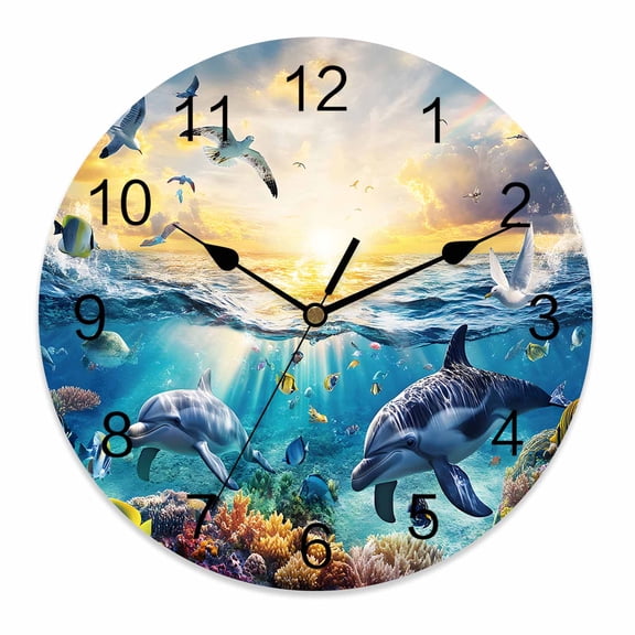 Wall Clock 10 Inch Tropical Coastal Round Silent Decorative Wall Clocks Battery Operated for Living Room Bedroom Kitchen Classroom Decor, Ocean Animal Dolphin Fish Bird Blue,Small