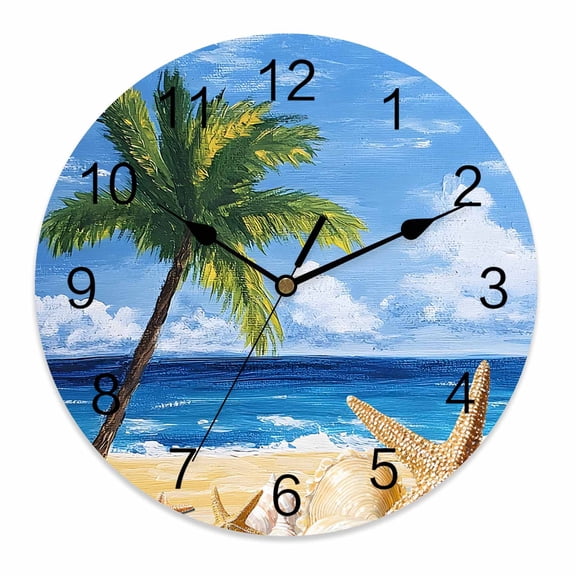Wall Clock 10 Inch Tropical Coastal Round Silent Decorative Wall Clocks Battery Operated for Living Room Bedroom Kitchen Classroom Decor, Ocean Beach Coconut Tree Starfish Blue Green,Small