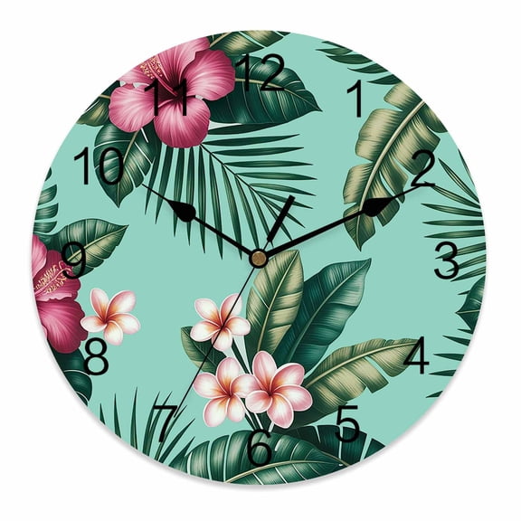 Wall Clock 10 Inch Tropical Floral Pattern Round Silent Decorative Wall Clocks Battery Operated for Living Room Bedroom Kitchen Classroom Decor, Turquoise Monstera Leaf Flowers,Small
