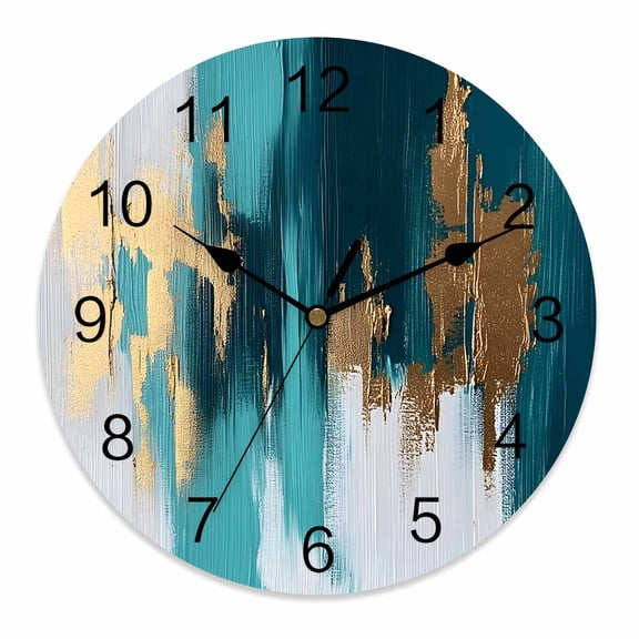 Wall Clock 10 Inch Turquoise Gold Brush Round Silent Decorative Wall Clocks Battery Operated for Living Room Bedroom Kitchen Classroom Decor, Abstract Modern Art,Small