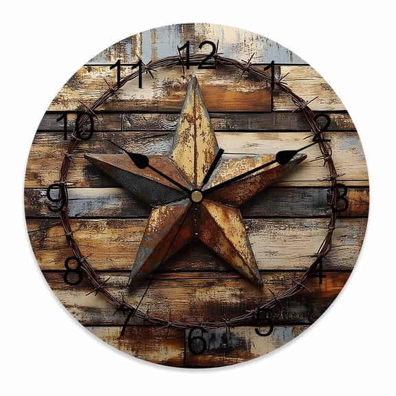 Wall Clock 10 Inch Vintage Farmhouse Barn Star Round Silent Decorative Wall Clocks Battery Operated for Living Room Bedroom Kitchen Classroom Decor, Rustic Wood Textured Striped,Small