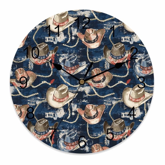 Wall Clock 10 Inch Western Farmhouse Round Silent Decorative Wall Clocks Battery Operated for Living Room Bedroom Kitchen Classroom Decor, Vintage Cowboy Hat Bule,Small