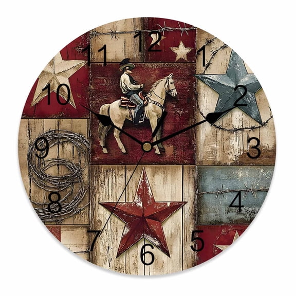 Wall Clock 10 Inch Western Farmhouse Round Silent Decorative Wall Clocks Battery Operated for Living Room Bedroom Kitchen Classroom Decor, Vintage Wood Texture Barn Star Red Gray,Small