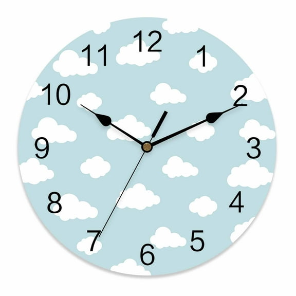 Wall Clock 10 Inch White Clouds Pattern Round Silent Decorative Wall Clocks Battery Operated for Living Room Bedroom Kitchen Classroom Decor, Sky Blue,Small