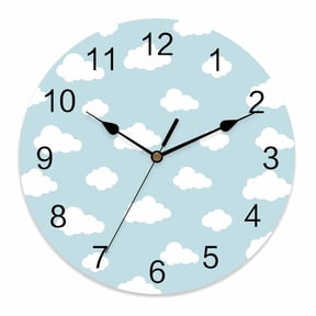 Wall Clock 10 Inch White Clouds Pattern Round Silent Decorative Wall Clocks Battery Operated for Living Room Bedroom Kitchen Classroom Decor, Sky Blue,Small