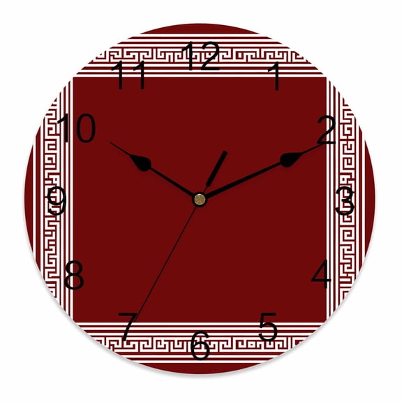Wall Clock 10 Inch Wine Red Greek Key Pattern Round Silent Decorative Wall Clocks Battery Operated for Living Room Bedroom Kitchen Classroom Decor, Geometric Modern,Small