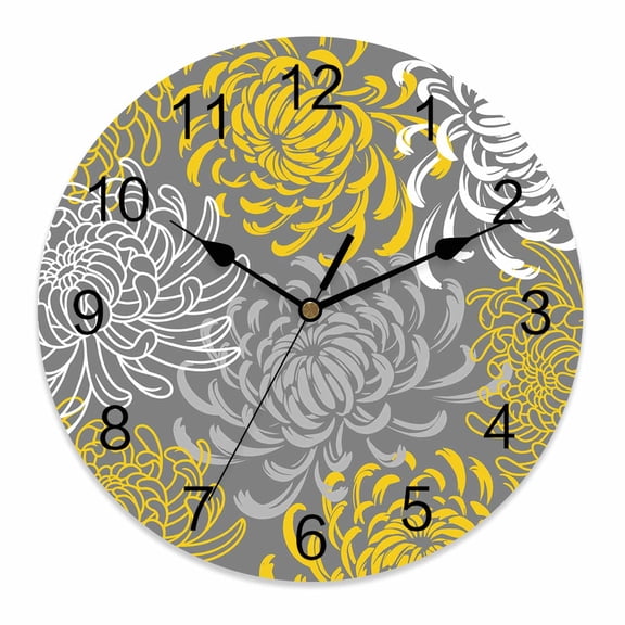 Wall Clock 10 Inch Yellow Gray Floral Round Silent Decorative Wall Clocks Battery Operated for Living Room Bedroom Kitchen Classroom Decor, Abstract Flowers Pattern,Small