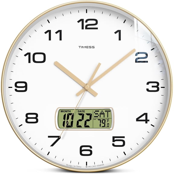 Wall Clock, 12" Dial Non-Ticking Silent Battery Operated Analog with LCD Display for Perpetual Calendar and F Temperature, Ideal Modern Home, Bedroom, Kitchen, Office Decor (Gold)