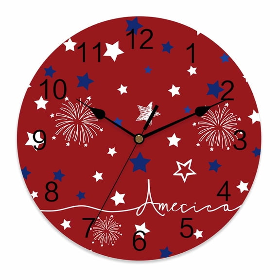 Wall Clock 12 Inch 4th of July Round Silent Decorative Wall Clocks Battery Operated for Living Room Bedroom Kitchen Classroom Decor, Patriotic America Stars Memorial Day Red,Large