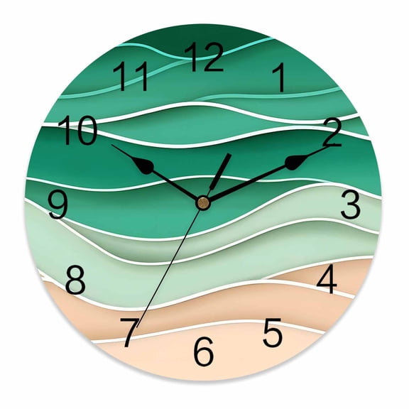 Wall Clock 12 Inch Abstract Coastal Round Silent Decorative Wall Clocks Battery Operated for Living Room Bedroom Kitchen Classroom Decor, Wave Pattern Beach Sea Green Sandy Brown,Large