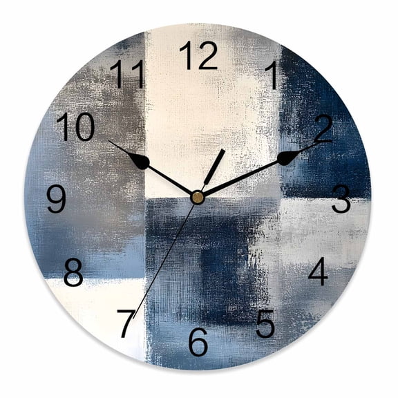 Wall Clock 12 Inch Abstract Navy Blue Gray Checkered Round Silent Decorative Wall Clocks Battery Operated for Living Room Bedroom Kitchen Classroom Decor, Modern Watercolor Art,Large