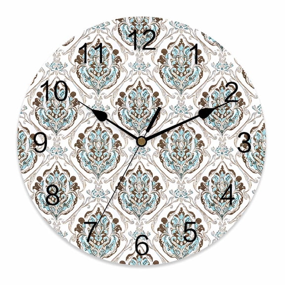 Wall Clock 12 Inch Abstract Vintage Paisley Round Silent Decorative Wall Clocks Battery Operated for Living Room Bedroom Kitchen Classroom Decor, Boho Floral Texture Turquoise Beige,Large