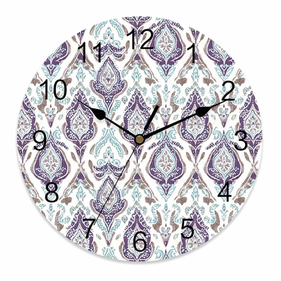 Wall Clock 12 Inch Abstract Vintage Paisley Round Silent Decorative Wall Clocks Battery Operated for Living Room Bedroom Kitchen Classroom Decor, Boho Floral Texture Blue Purple,Large