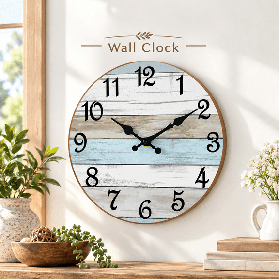 Wall Clock 12 Inch Bathroom Clock, Rustic Wall Clocks Battery Operated, Silent Non Ticking Wooden Coastal Beach Clock for Kitchen, Living Room, Bedroom (White)