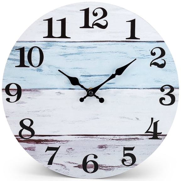 Wall Clock 12 Inch Bathroom Clock, Rustic Wall Clocks Battery Operated, Silent Non Ticking Wooden Coastal Beach Clock for Kitchen, Living Room, Bedroom
