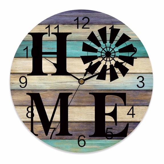 Wall Clock 12 Inch Black Windmill HOME Round Silent Decorative Wall Clocks Battery Operated for Living Room Bedroom Kitchen Classroom Decor, Farmhouse Brown Green Wood Texture,Large