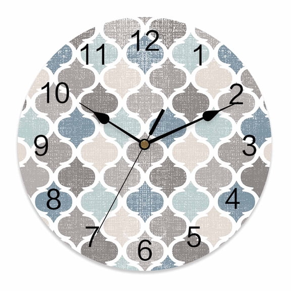 Wall Clock 12 Inch Blue Beige Grey Brown Round Silent Decorative Wall Clocks Battery Operated for Living Room Bedroom Kitchen Classroom Decor, Rustic Retro Moroccan Plaid,Large