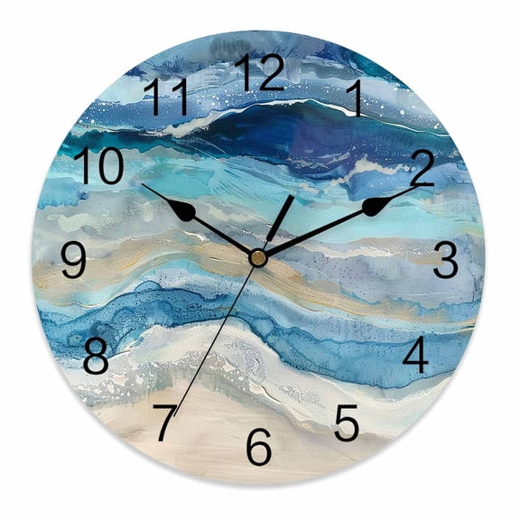 Wall Clock 12 Inch Blue Coastal Beach Round Silent Decorative Wall Clocks Battery Operated for Living Room Bedroom Kitchen Classroom Decor, Abstract Watercolor Oceans Waves,Large