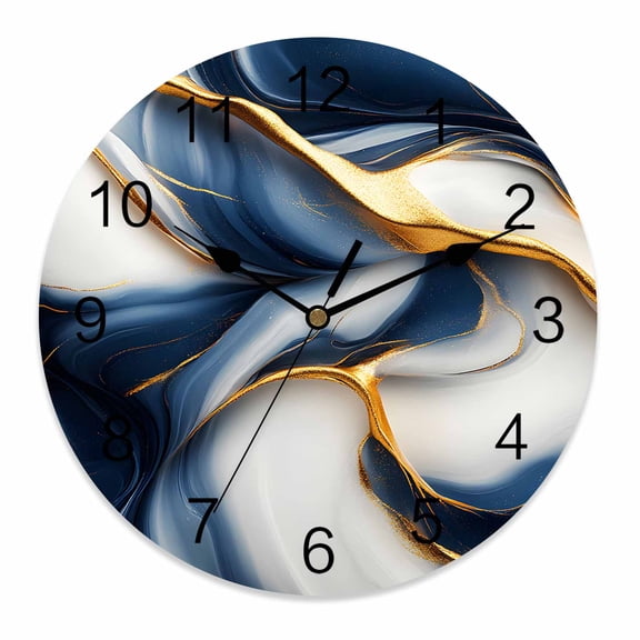 Wall Clock 12 Inch Blue Gold Abstract Marble Texture Round Silent Decorative Wall Clocks Battery Operated for Living Room Bedroom Kitchen Classroom Decor, Modern Fluid Art Line,Large