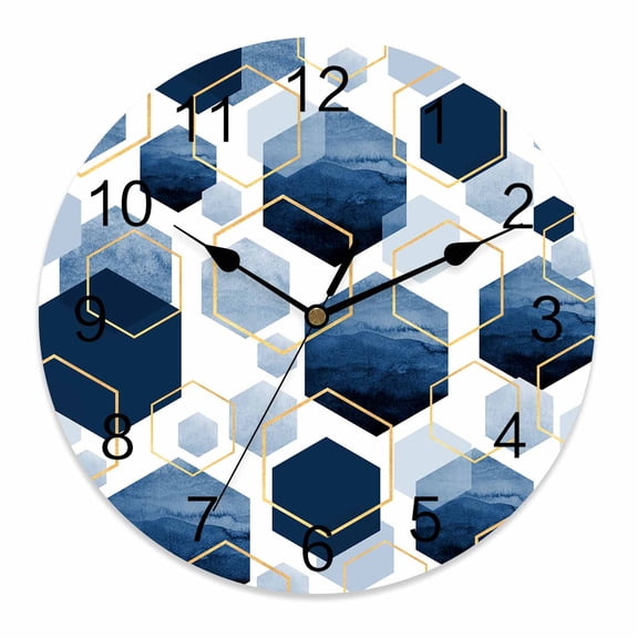 Wall Clock 12 Inch Blue White Gold Geometric Round Silent Decorative Wall Clocks Battery Operated for Living Room Bedroom Kitchen Classroom Decor, Modern Abstract Hexagon Pattern,Large