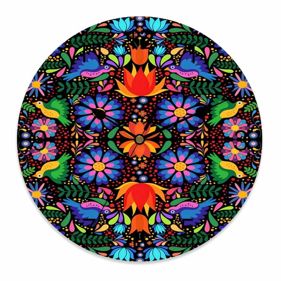 Wall Clock 12 Inch Boho Mexican Texture Round Silent Decorative Wall Clocks Battery Operated for Living Room Bedroom Kitchen Classroom Decor, Abstract Floral Bird Multicolor,Large