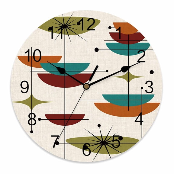 Wall Clock 12 Inch Boho Mid Century Round Silent Decorative Wall Clocks Battery Operated for Living Room Bedroom Kitchen Classroom Decor, Turquoise Orange Abstract Geometric,Large