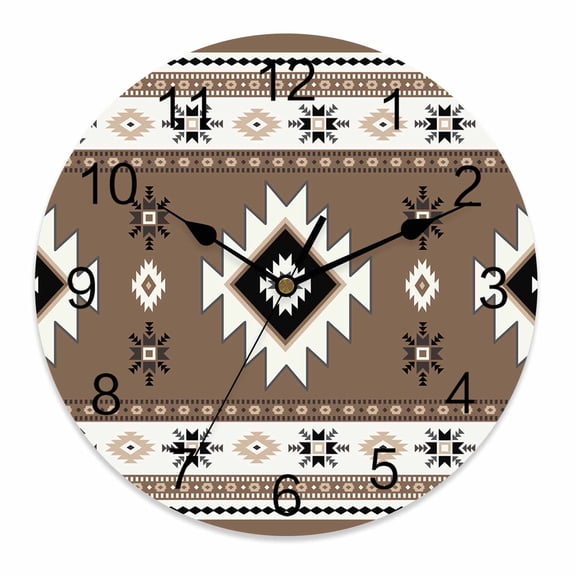 Wall Clock 12 Inch Boho Round Silent Decorative Wall Clocks Battery Operated for Living Room Bedroom Kitchen Classroom Decor, Southwest Aztec Pattern Brown,Large