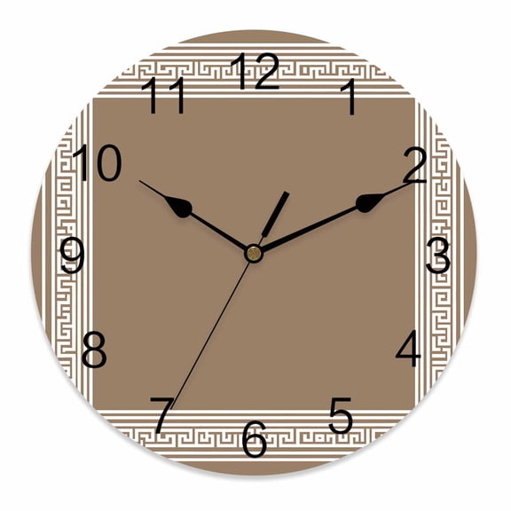 Wall Clock 12 Inch Brown White Greek Key Pattern Round Silent Decorative Wall Clocks Battery Operated for Living Room Bedroom Kitchen Classroom Decor, Geometric Modern,Large