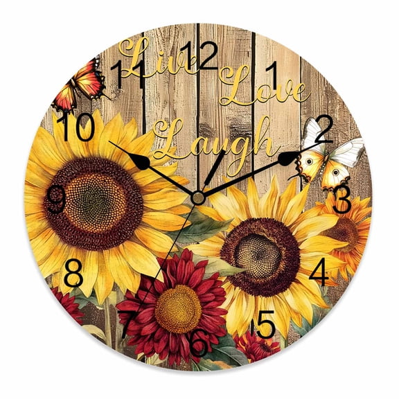 Wall Clock 12 Inch Butterfly Sunflower Round Silent Decorative Wall Clocks Battery Operated for Living Room Bedroom Kitchen Classroom Decor, Live Love Laugh Farmhouse Wood Textured,Large