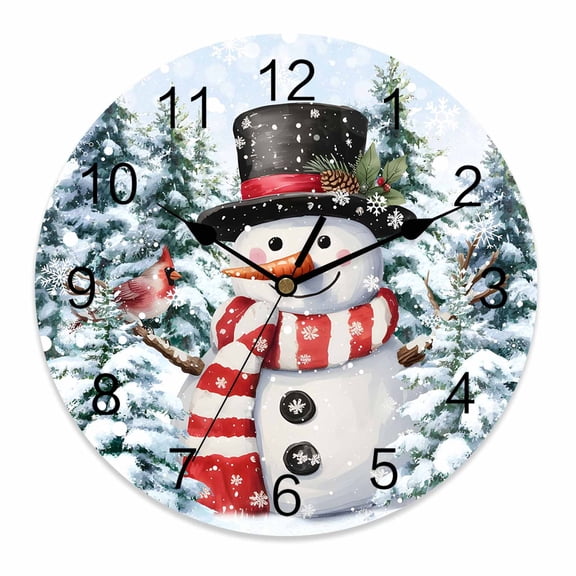 Wall Clock 12 Inch Christmas Snowman Red Bird Round Silent Decorative Wall Clocks Battery Operated for Living Room Bedroom Kitchen Classroom Decor, Winter Blue Snowy Pine Forests,Large