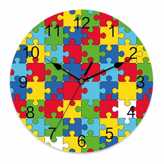 Wall Clock 12 Inch Classic Modern Round Silent Decorative Wall Clocks Battery Operated for Living Room Bedroom Kitchen Classroom Decor, Puzzles Pieces Texture Red Yellow Blue Green,Large