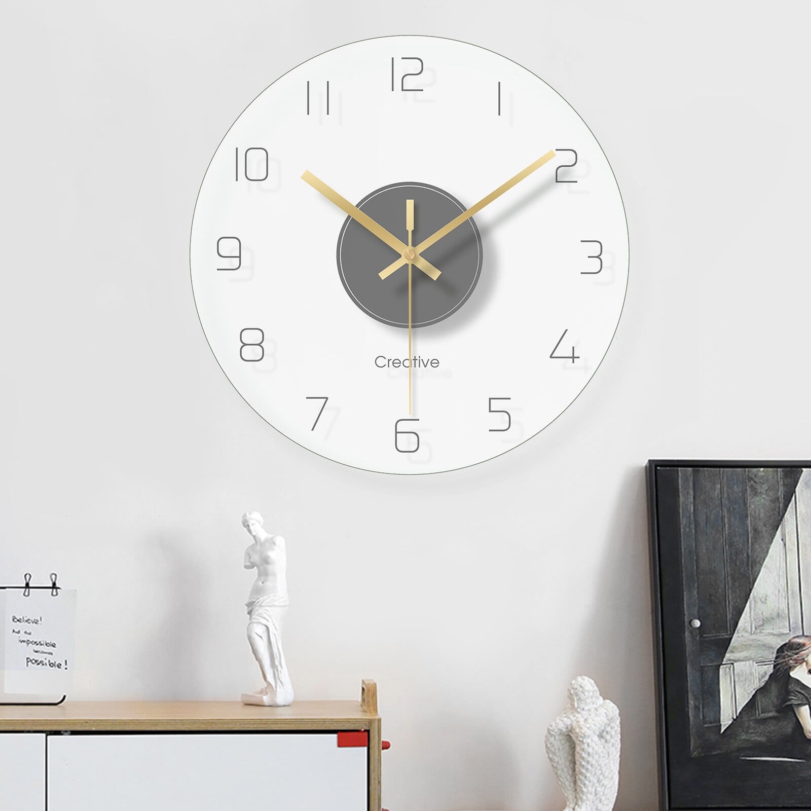 Wall Clock 12 Inch Clear Glass Wall Clocks Non-Ticking Battery Operated Ultra-Quiet Movement Quartz for Office Classroom School Home Living Room