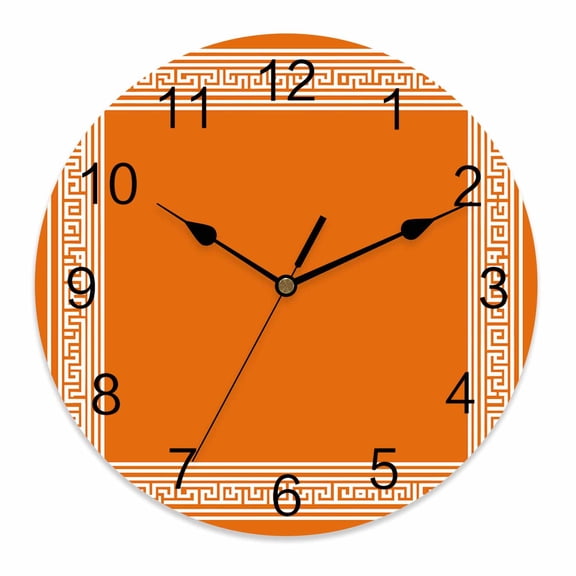 Wall Clock 12 Inch Coral Orange Greek Key Pattern Round Silent Decorative Wall Clocks Battery Operated for Living Room Bedroom Kitchen Classroom Decor, Geometric Modern,Large