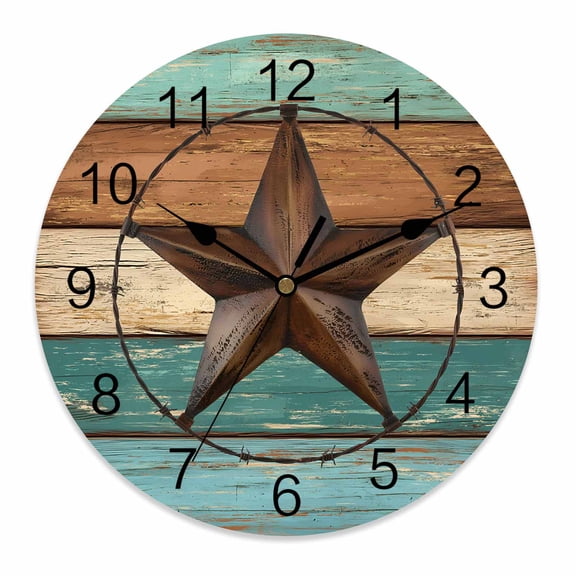 Wall Clock 12 Inch Farmhouse Barn Star Round Silent Decorative Wall Clocks Battery Operated for Living Room Bedroom Kitchen Classroom Decor, Rustic Brown Teal Wood Texture,Large