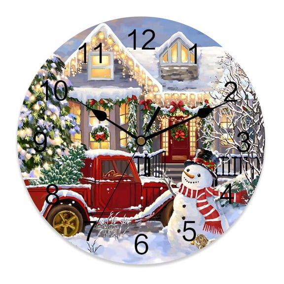Wall Clock 12 Inch Farmhouse Christmas Round Silent Decorative Wall Clocks Battery Operated for Living Room Bedroom Kitchen Classroom Decor, Snowman with Red Truck Tree White Winter,Large