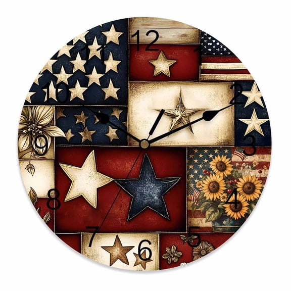 Wall Clock 12 Inch Farmhouse Primitive Barn Stars Round Silent Decorative Wall Clocks Battery Operated for Living Room Bedroom Kitchen Classroom Decor, Retro American Flag Blue Red,Large