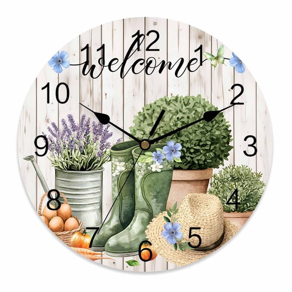 Wall Clock 12 Inch Farmhouse Round Silent Decorative Wall Clocks Battery Operated for Living Room Bedroom Kitchen Classroom Decor, Gardening Potted Plant Kettle Boots Green,Large
