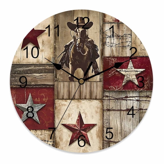 Wall Clock 12 Inch Farmhouse Round Silent Decorative Wall Clocks Battery Operated for Living Room Bedroom Kitchen Classroom Decor, Western Wood Texture Barn Star Red Brown,Large